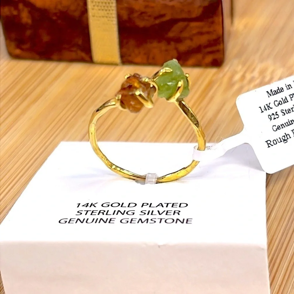 Brand New 14K Gold Plated Sterling Silver Genuine Gemstone Peridot Citrine Ring
